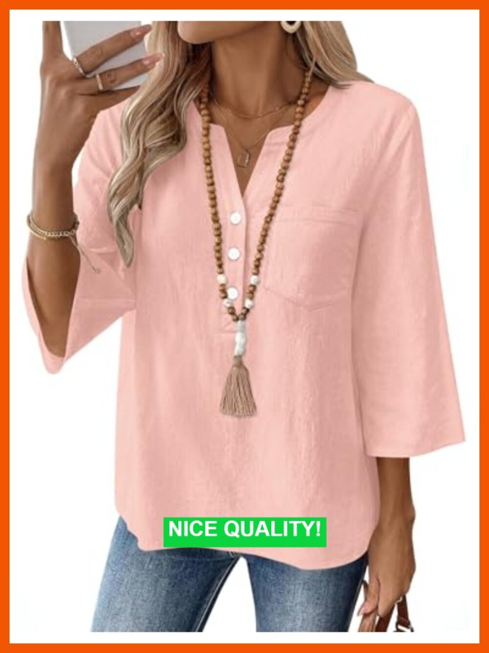 Cotton Linen 3/4 Sleeve V-Neck Blouse Loose Fit Casual Work Top